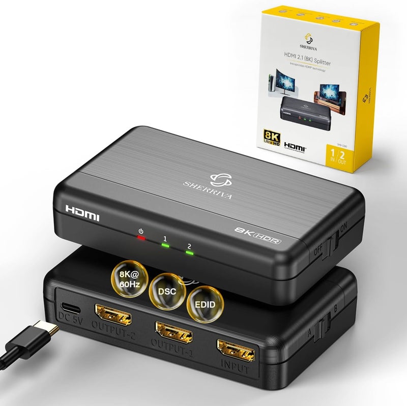 SHERRIVA موزع HDMI 8K 1x2 – 1 مدخل 2 مخرج، 8K@60Hz، 4K@240Hz (DSC)، HDCP 2.3، 48Gbps، EDID، تقليل الحجم التلقائي، شاشات مكررة/مرآة، متوافق مع شاشتَيْن مزدوجتين، تلفاز، PS5، مكبر صوت - Image 1